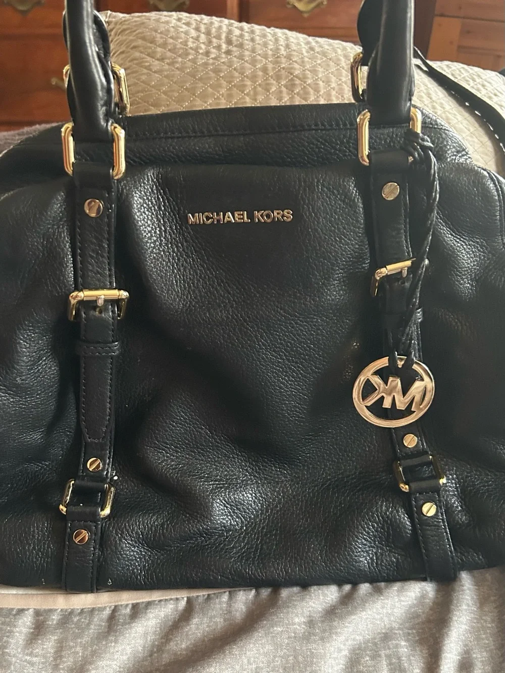Michael Kors Black Pebbled Leather Hobo with Gold Hardware and MK Charm